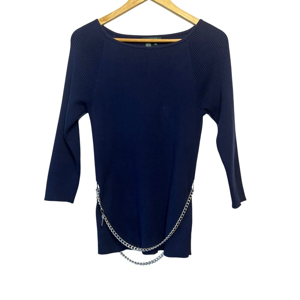 VTG Lauren Ralph Lauren Small Navy Cotton Chain-Embellished Ribbed Sweater